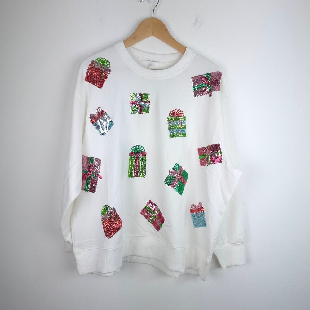 NEW Mary Square Sarah Presents White Sequin Present Holiday Sweatshirt SZ Large